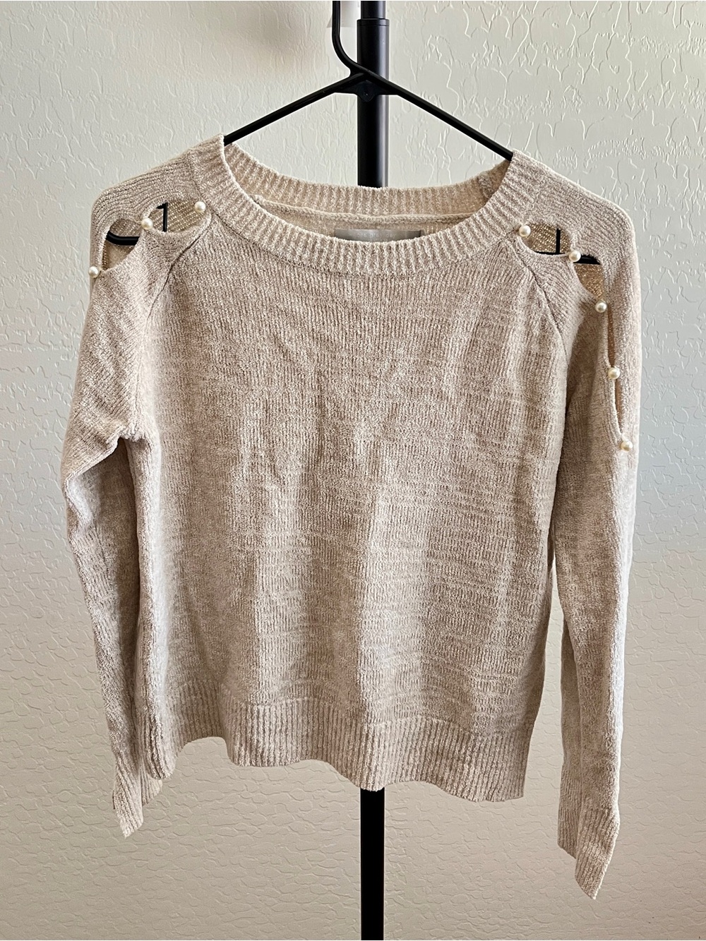 One Gray Day LA Beige Pearl-Accent Scoop Neck Sweater